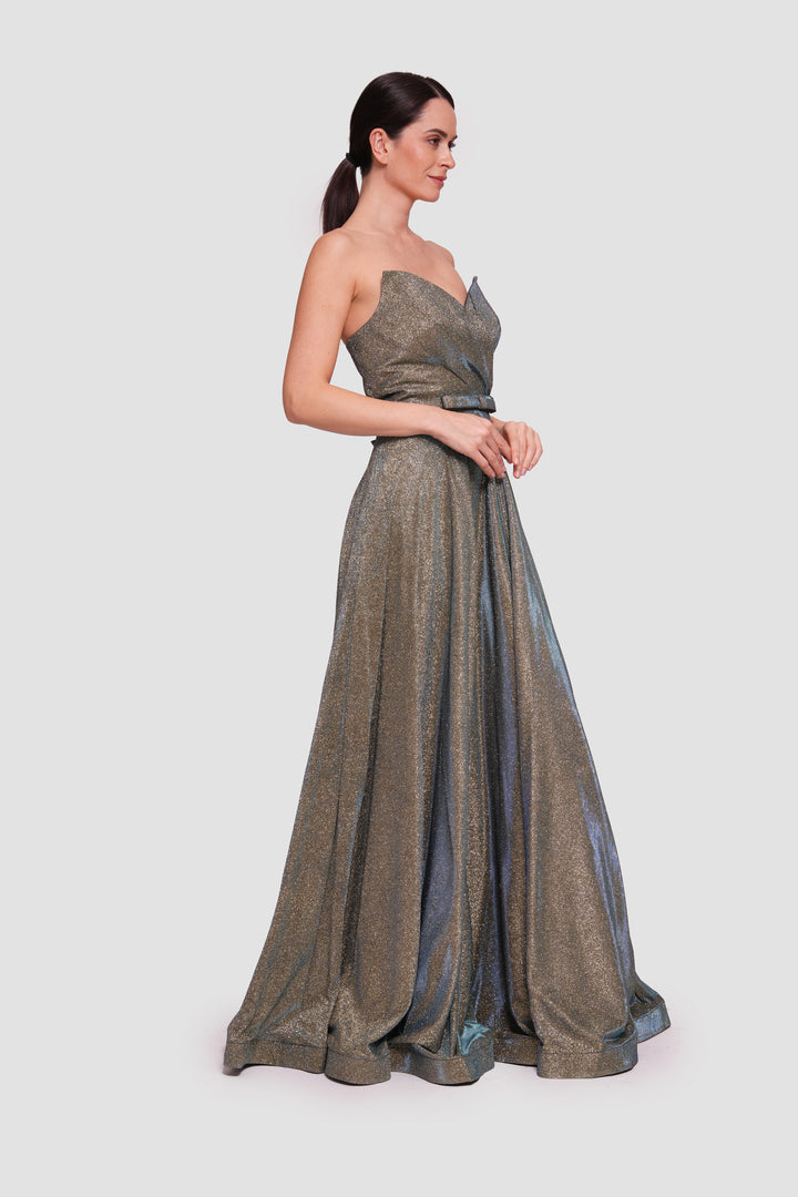 Nicole Metallic Gold Fabric With Subtle Blue Shimmer Sweetheart Structured Neckline Corset Maxi Dress