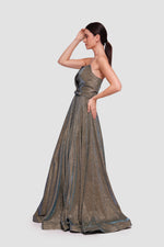 Load image into Gallery viewer, Nicole Metallic Gold Fabric With Subtle Blue Shimmer Sweetheart Structured Neckline Corset Maxi Dress