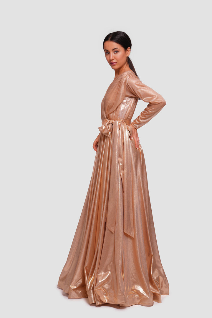 Elena Shimmery Jersey Pleated Maxi Dress With Sleeves