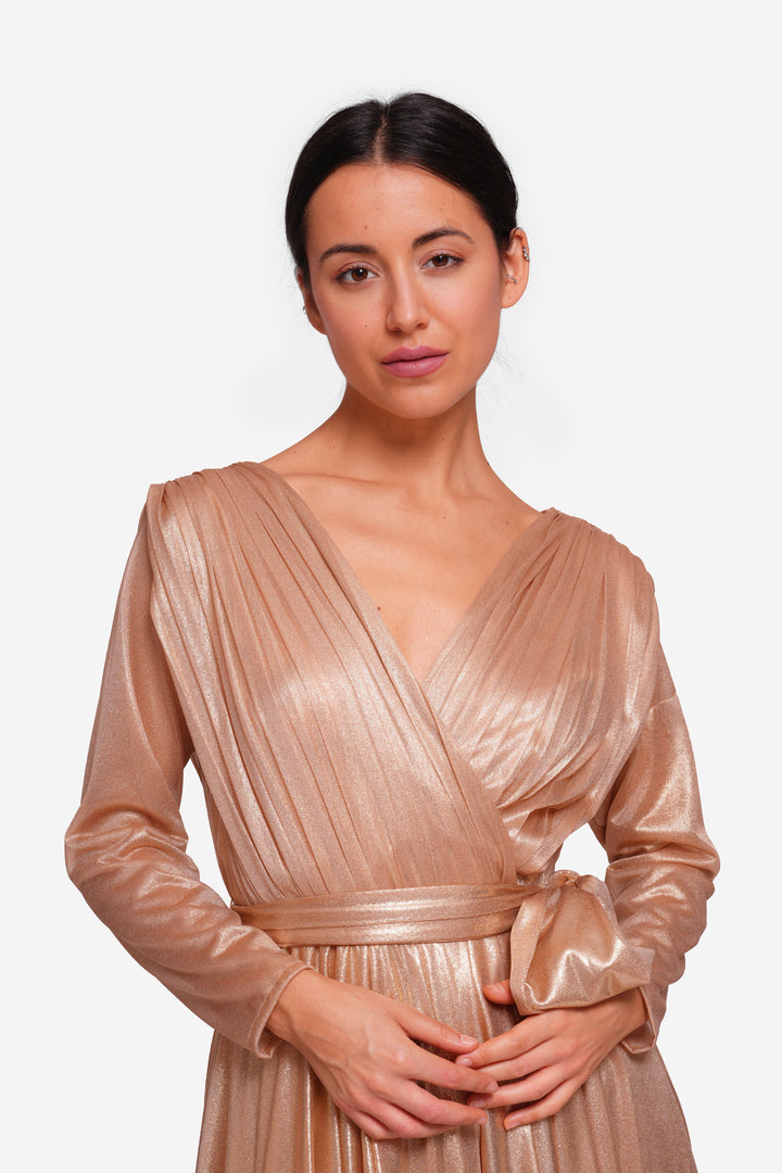 Elena Shimmery Jersey Pleated Maxi Dress With Sleeves