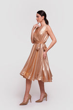 Load image into Gallery viewer, Sandra Gold Metallic Fabric Sleeveless Pleated Midi Dress