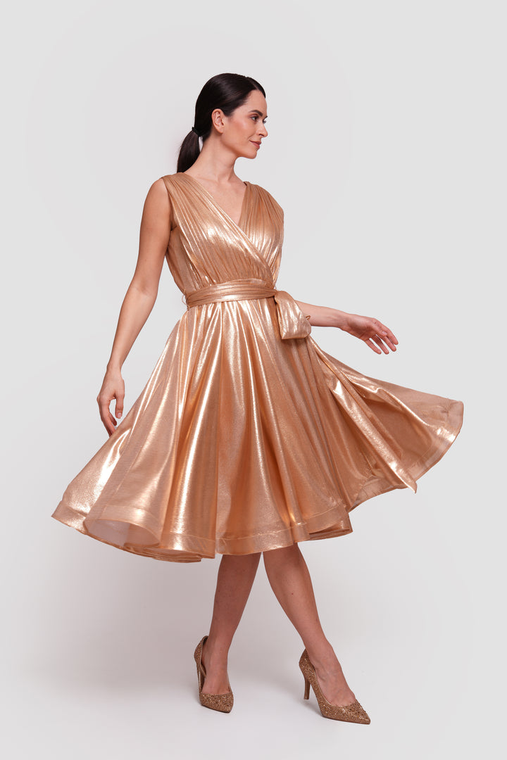 Sandra Gold Metallic Fabric Sleeveless Pleated Midi Dress