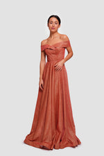 Load image into Gallery viewer, Tamara Shimmering Burnt Orange Glitter Fabric Sweetheart Neckline Maxi Dress