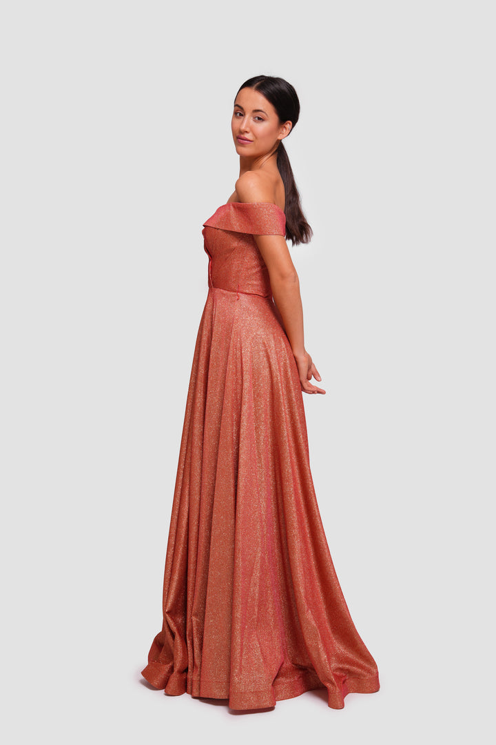 Tamara Shimmering Burnt Orange Glitter Fabric Sweetheart Neckline Maxi Dress