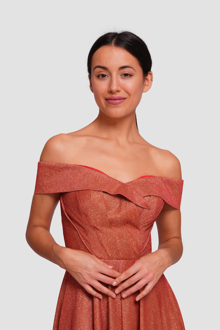 Tamara Shimmering Burnt Orange Glitter Fabric Sweetheart Neckline Maxi Dress