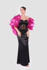 Load image into Gallery viewer, Carmen Black Corset Satin And Lace Maxi Dress With Vibrant Pink Organza Shoulder Piece