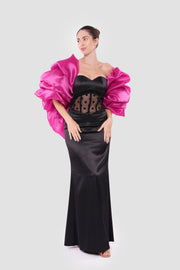 Carmen Black Corset Satin And Lace Maxi Dress With Vibrant Pink Organza Shoulder Piece