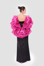 Load image into Gallery viewer, Carmen Black Corset Satin And Lace Maxi Dress With Vibrant Pink Organza Shoulder Piece