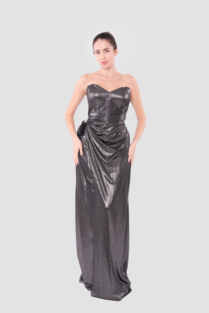 Seleneya Black Glitter Fabric Strapless Corset Maxi Dress