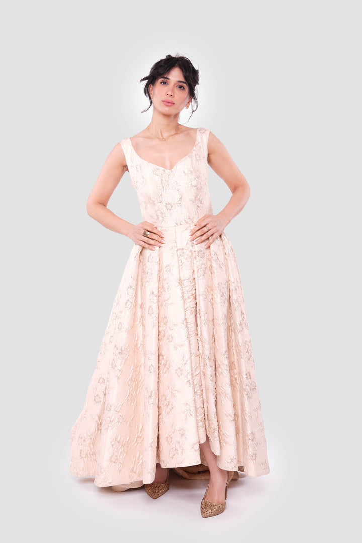 Ria Champagne Gold Brocade Sleeveless Gown