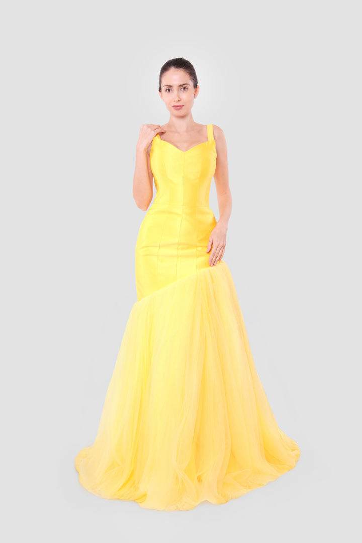 Aria Daffodil Yellow Satin Corset Maxi Dress With Tulle Asymmetric Clash