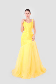 Aria Daffodil Yellow Satin Corset Maxi Dress With Tulle Asymmetric Clash