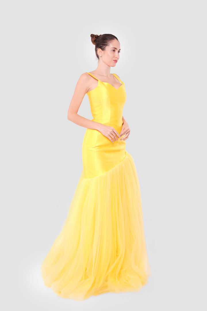 Aria Daffodil Yellow Satin Corset Maxi Dress With Tulle Asymmetric Clash