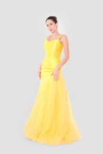 Load image into Gallery viewer, Aria Daffodil Yellow Satin Corset Maxi Dress With Tulle Asymmetric Clash