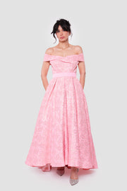 Isla Coral Pink Jacquard With Gold Floral Patterns Strapless Maxi Dress