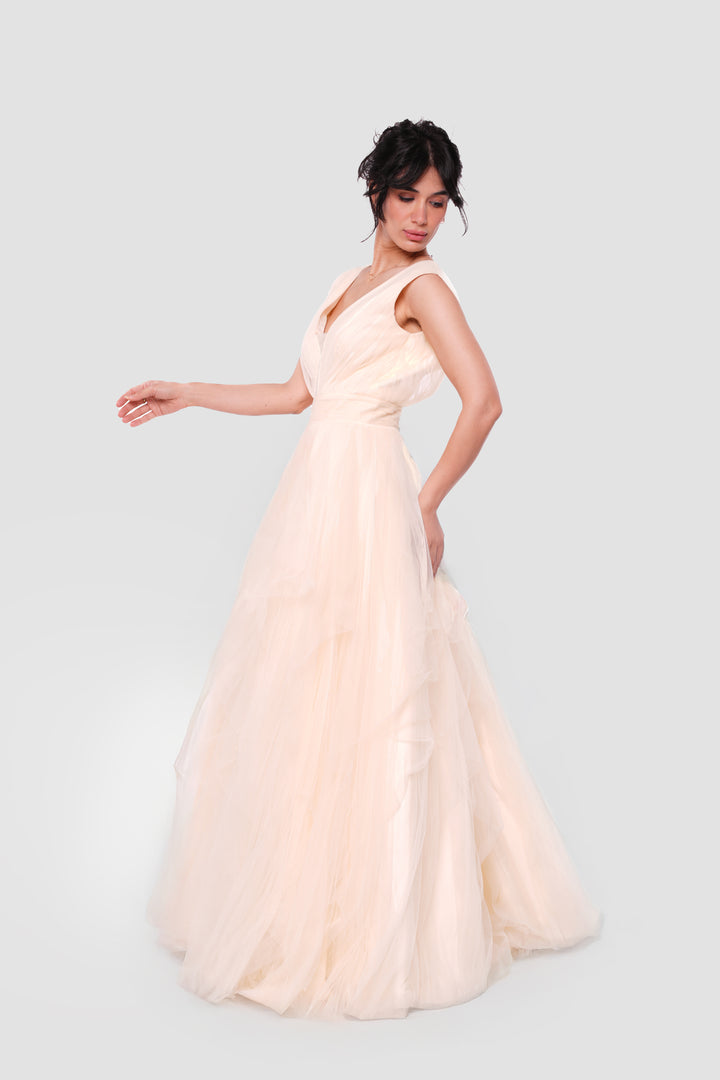 Yara Ivory Cream Tulle Maxi Dress