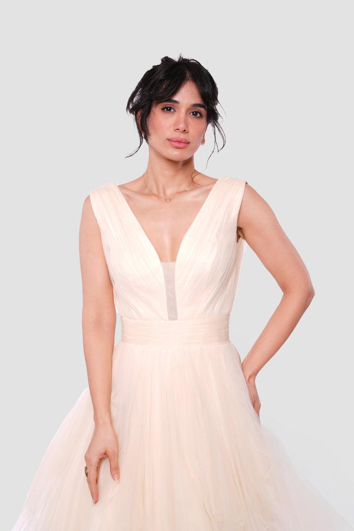 Yara Ivory Cream Tulle Maxi Dress