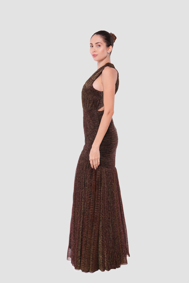 Adeline Bronze-Gold Metallic Tissue Fabric Halter Neck With Deep V-neckline Open Back Dress