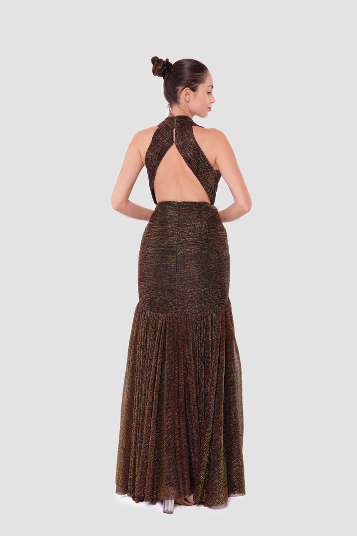 Adeline Bronze-Gold Metallic Tissue Fabric Halter Neck With Deep V-neckline Open Back Dress
