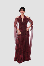 Valentina Deep Red Metallic Tissue Fabric With Sheer Sleeves Maxi Dress