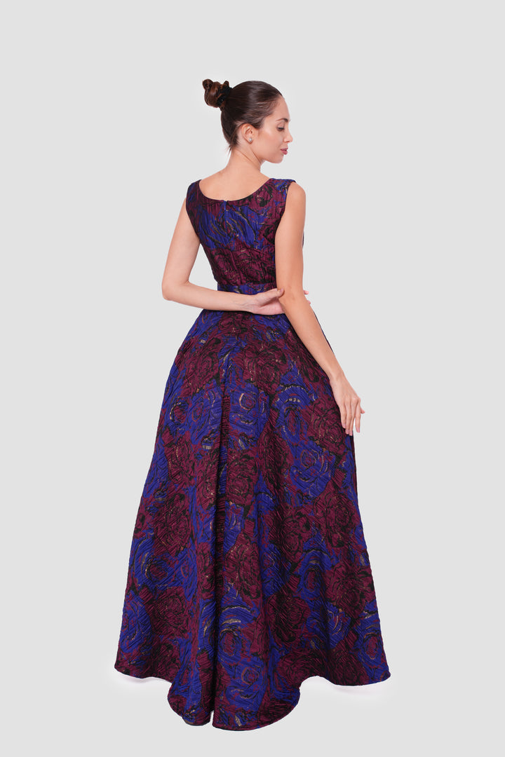 Cassandra Maroon And Dark Blue Brocade Sleeveless Gown