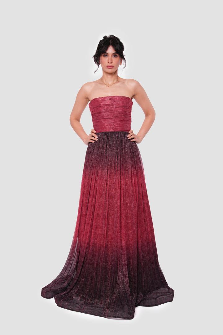 Sebina Red To Black Ombre Tissue Fabric With Shimmer Strapless Maxi Dress