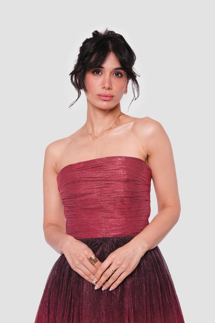 Sebina Red To Black Ombre Tissue Fabric With Shimmer Strapless Maxi Dress