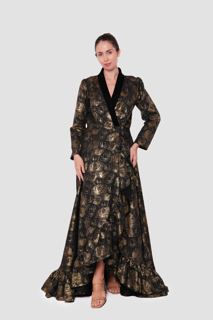 Athena Black And Gold Brocade And Velvet Maxi Dress With Deep V-neckline