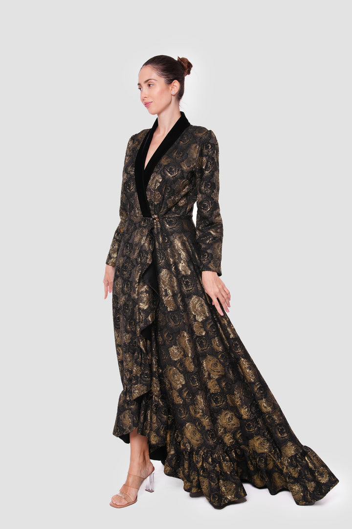 Athena Black And Gold Brocade And Velvet Maxi Dress With Deep V-neckline