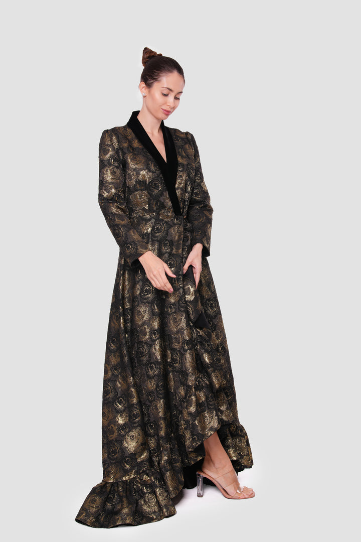 Athena Black And Gold Brocade And Velvet Maxi Dress With Deep V-neckline