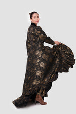 Load image into Gallery viewer, Athena Black And Gold Brocade And Velvet Maxi Dress With Deep V-neckline
