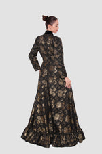 Load image into Gallery viewer, Athena Black And Gold Brocade And Velvet Maxi Dress With Deep V-neckline