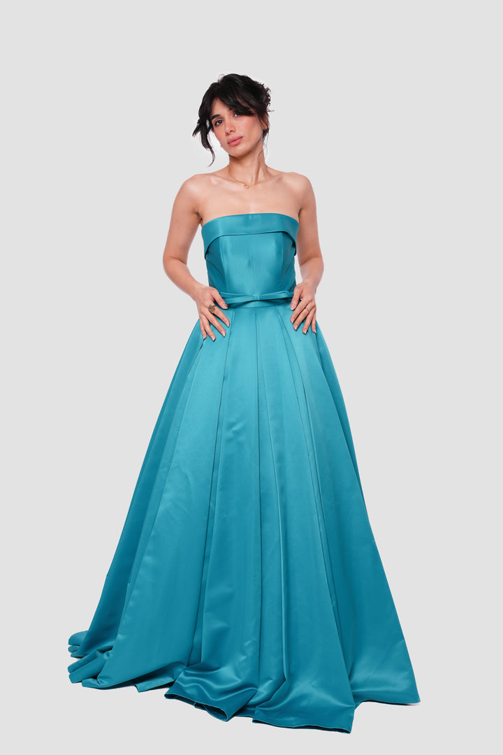 Ophelia Blue Bridal Satin Straight Neckline Gown With Folded Detail