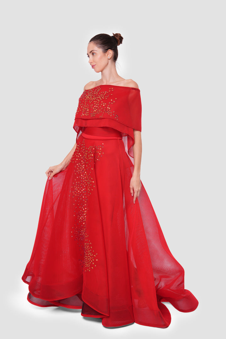 Sabrina Deep Red With Gold Star Embellishment One Shoulder Maxi Dress