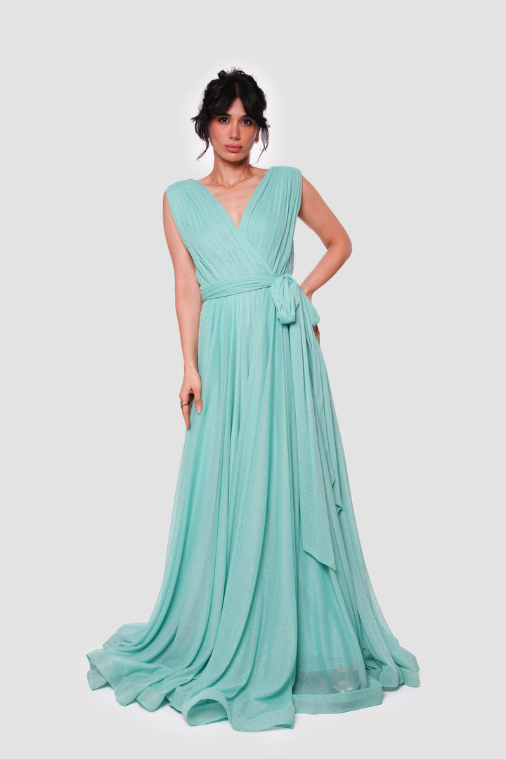 Sarah Aqua Blue Metallic Sleeveless Gown