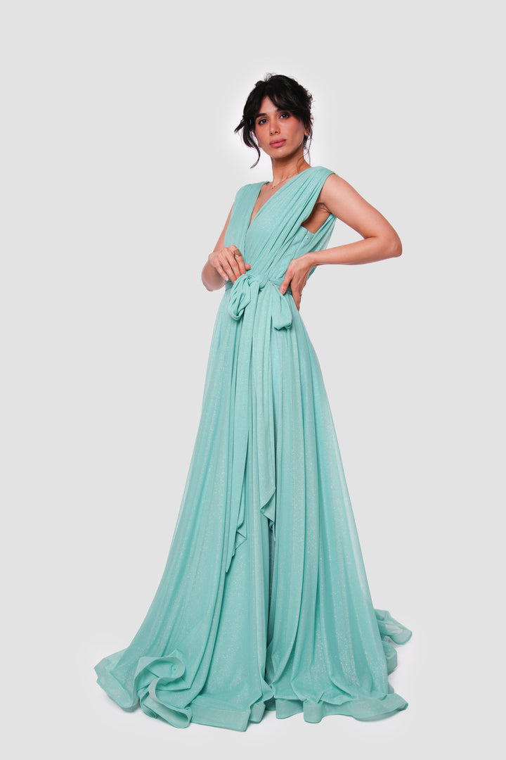 Sarah Aqua Blue Metallic Sleeveless Gown