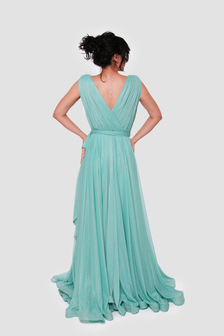 Sarah Aqua Blue Metallic Sleeveless Gown