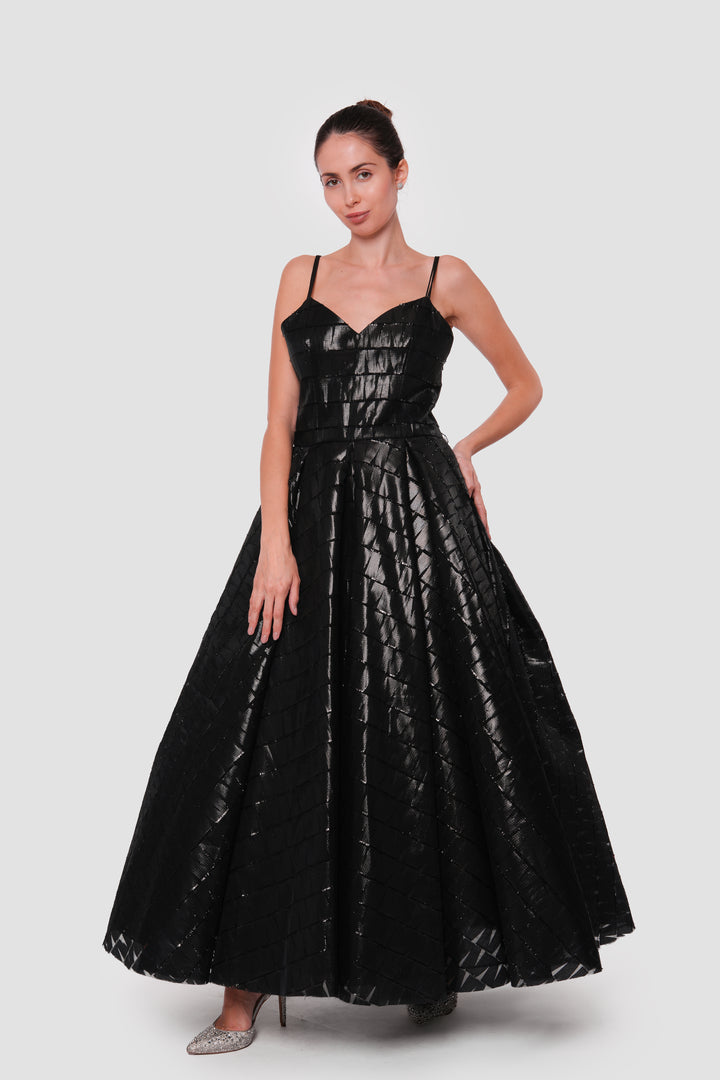 Joy  Black Metallic Organza Sweetheart Neckline Maxi Dress