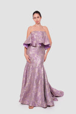 Load image into Gallery viewer, Laya Lavender With Gold Floral Pattern Brocade Off-shoulder Gown