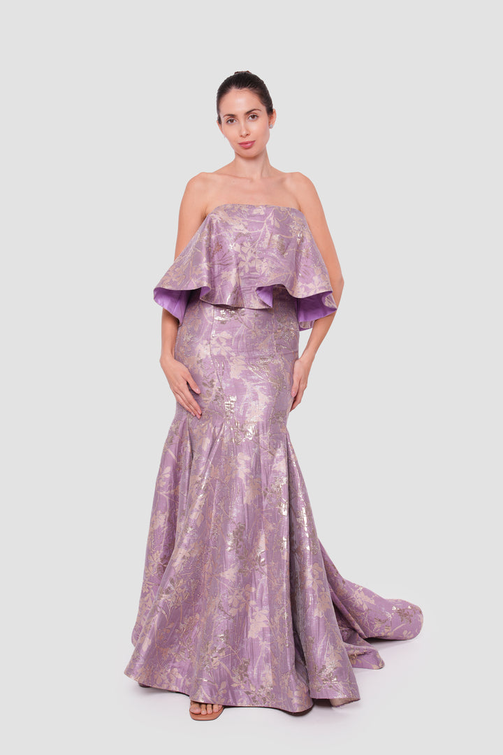 Laya Lavender With Gold Floral Pattern Brocade Off-shoulder Gown