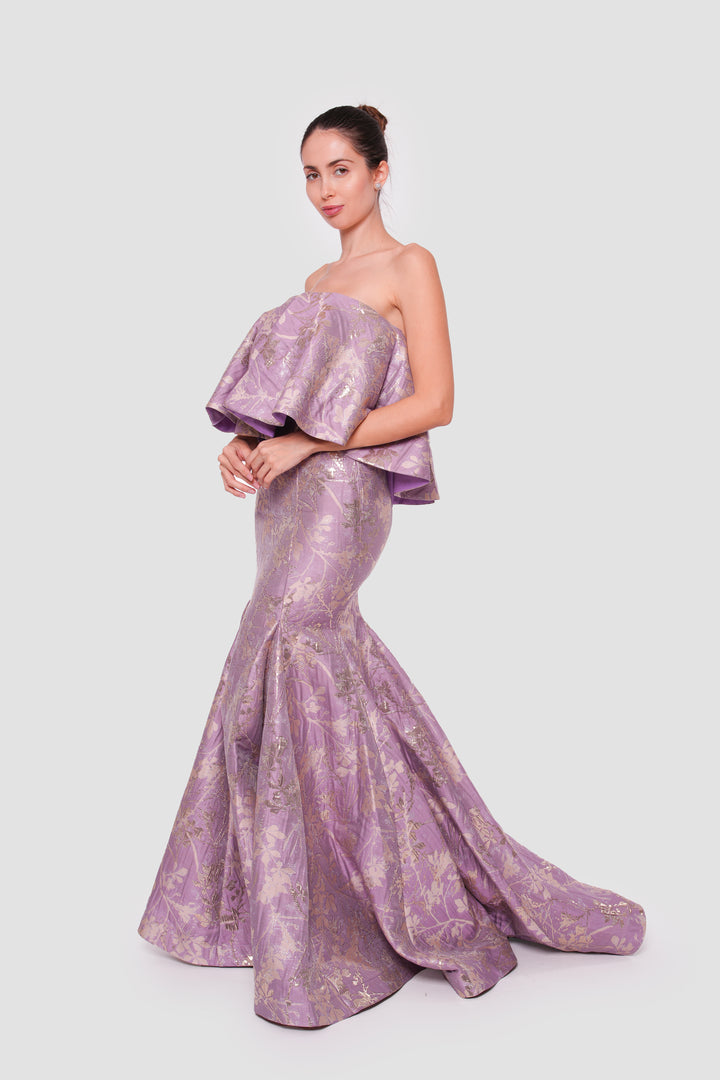 Laya Lavender With Gold Floral Pattern Brocade Off-shoulder Gown