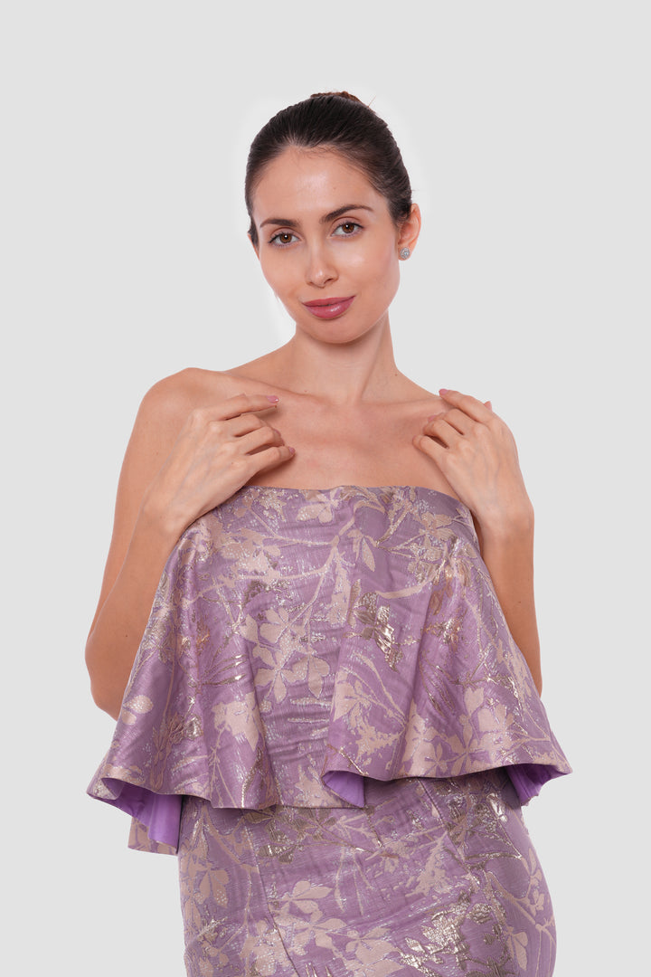 Laya Lavender With Gold Floral Pattern Brocade Off-shoulder Gown