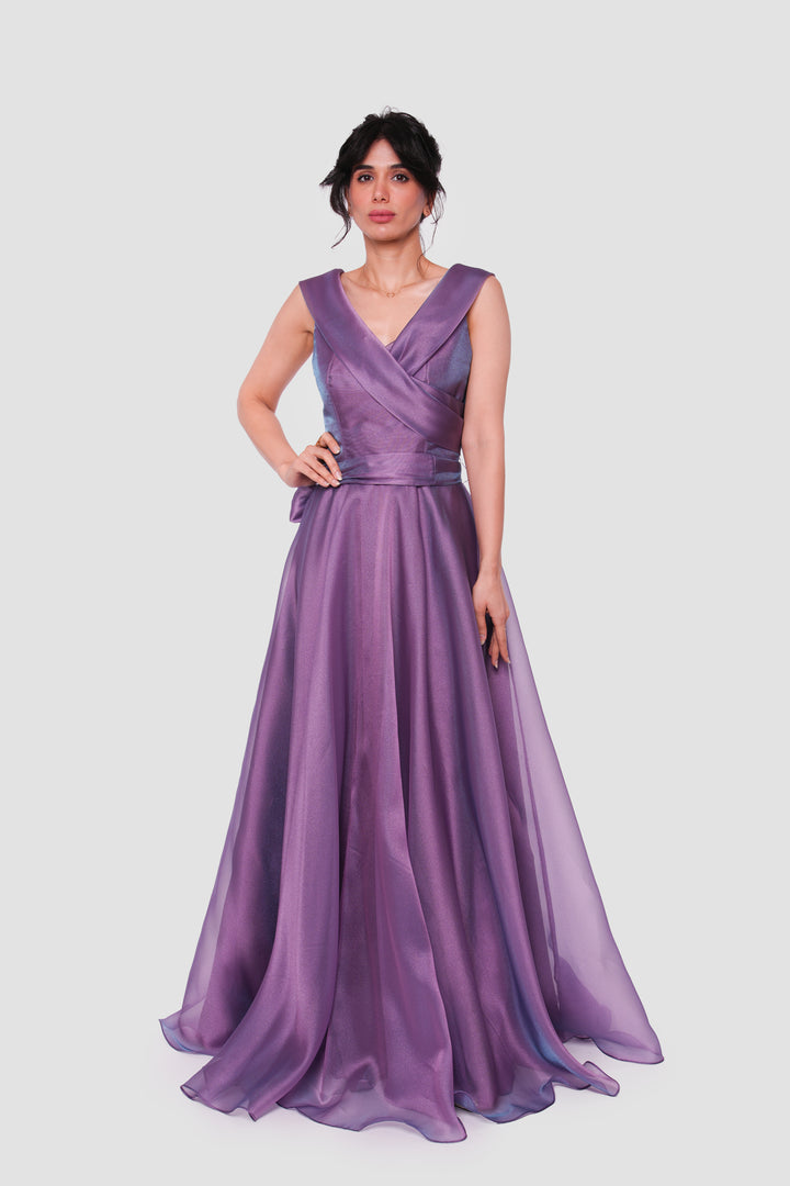 Violetta Plum Purple Shimmer Organza Maxi Dress