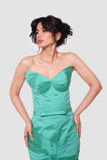 Load image into Gallery viewer, Jade Deep Teal Taffeta Bustier Maxi Dress With Pleats