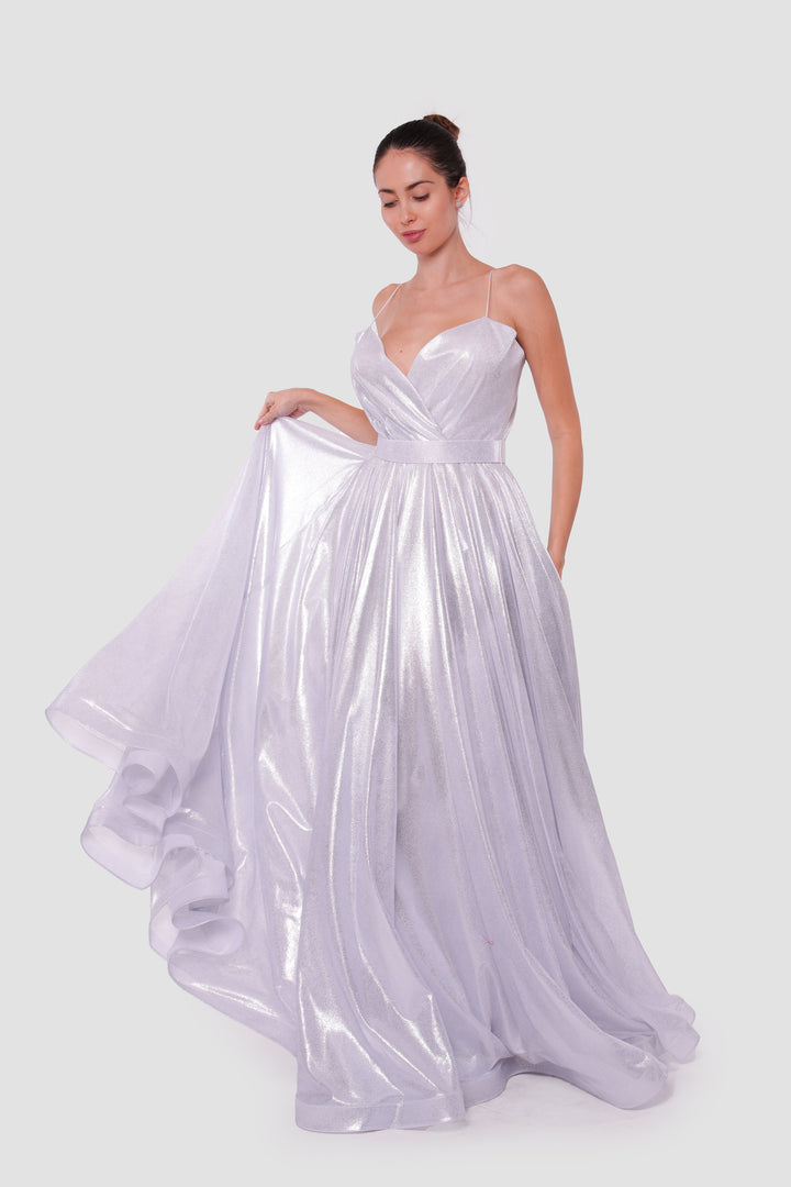 Roxanne Metallic Silver Sweetheart Surplice Neckline With Thin Straps Maxi Dress