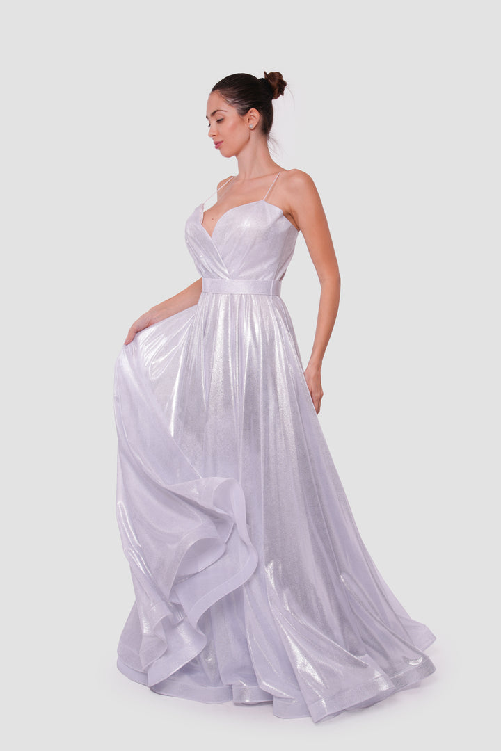 Roxanne Metallic Silver Sweetheart Surplice Neckline With Thin Straps Maxi Dress