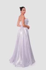 Load image into Gallery viewer, Roxanne Metallic Silver Sweetheart Surplice Neckline With Thin Straps Maxi Dress