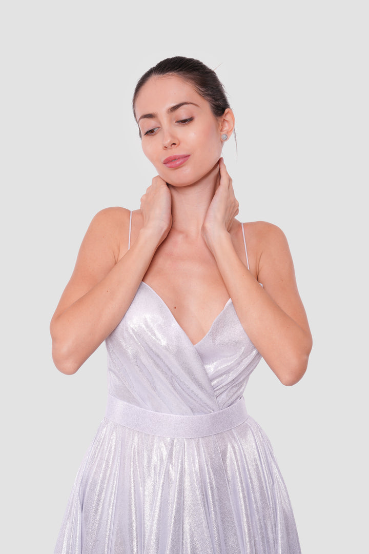 Roxanne Metallic Silver Sweetheart Surplice Neckline With Thin Straps Maxi Dress