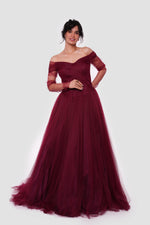 Load image into Gallery viewer, Elara Shimmery Tulle Off-Shoulder Maxi Dress With Sheer Sleeves