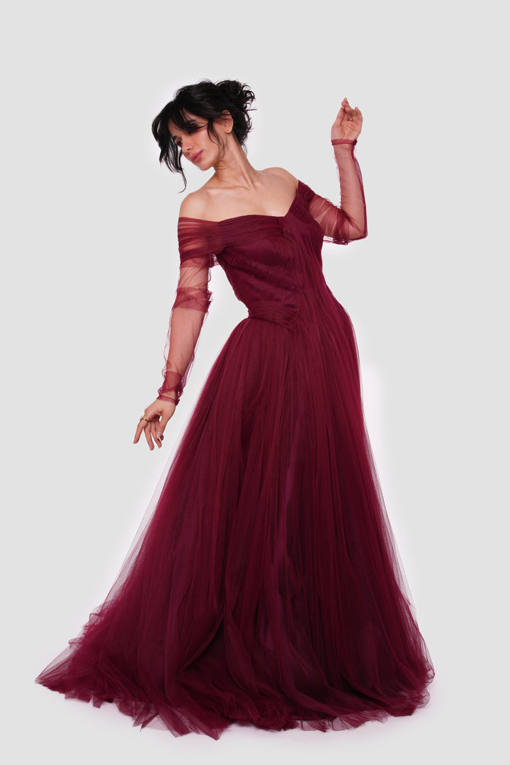 Elara Shimmery Tulle Off-Shoulder Maxi Dress With Sheer Sleeves